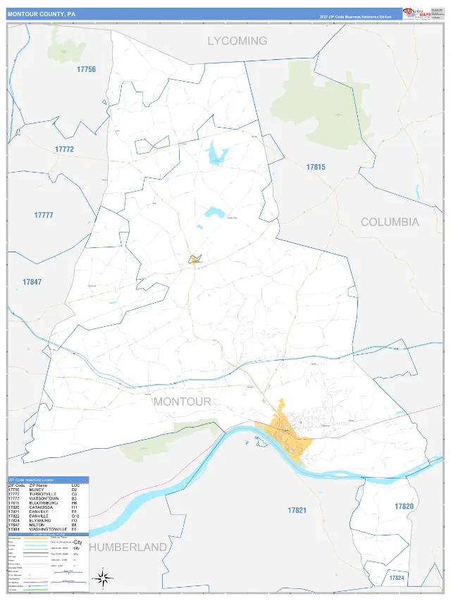 Montour County, PA ZIP Code Wall Map, Business Reference style