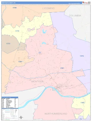 Montour County, PA ColorCast style ZIP Code wall map