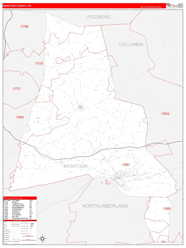 Montour County, PA ZIP Code Wall Map, RedLine style
