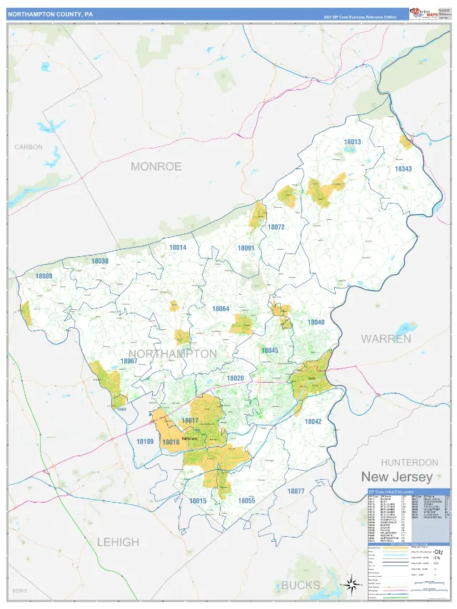 Northampton County, PA ZIP Code Wall Map, Business Reference style
