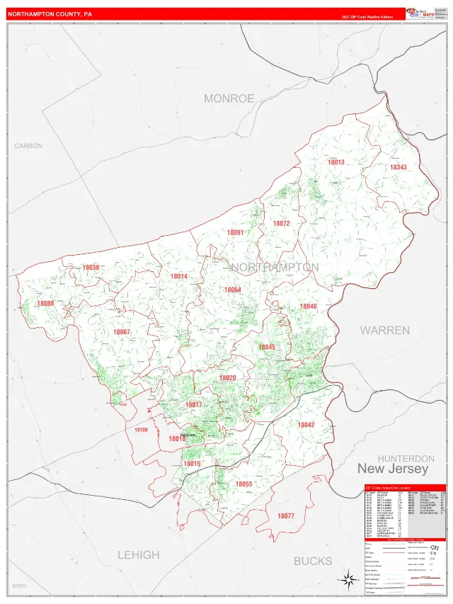 Northampton County, PA ZIP Code Wall Map, RedLine style