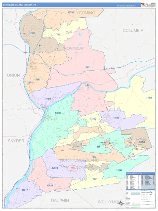 Northumberland County, PA ColorCast style ZIP Code wall map