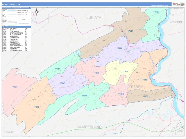 Perry County, PA ZIP Code Wall Map, ColorCast style