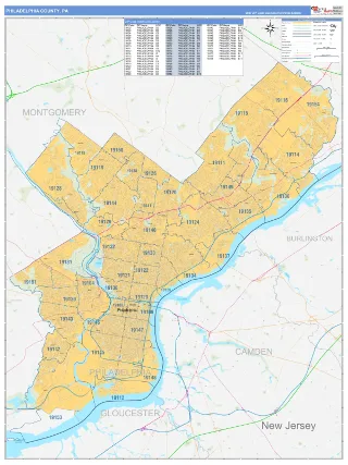 Philadelphia County, PA Business Reference style ZIP Code wall map