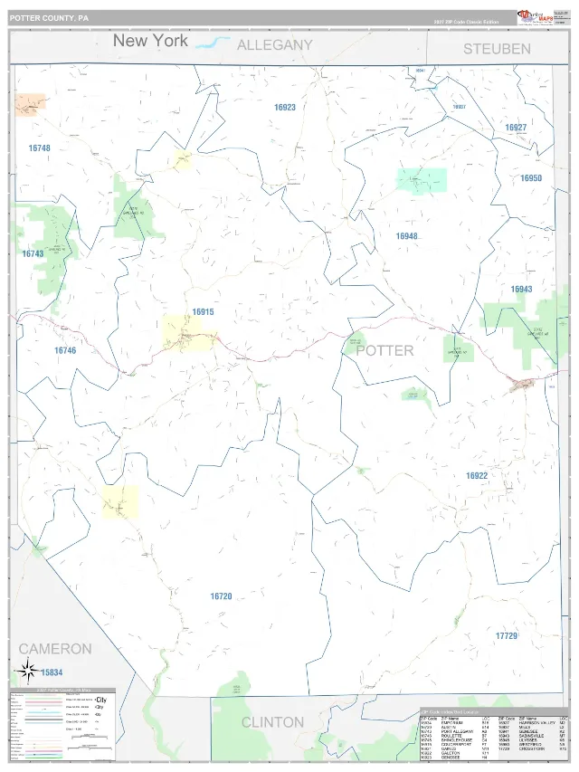 Potter County, PA ZIP Code Wall Map, Classic style