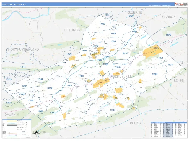 Schuylkill County, PA ZIP Code Wall Map, Business Reference style