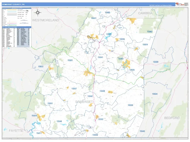 Somerset County, PA ZIP Code Wall Map, Business Reference style