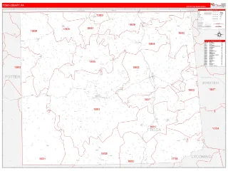 Tioga County, PA RedLine style ZIP Code wall map