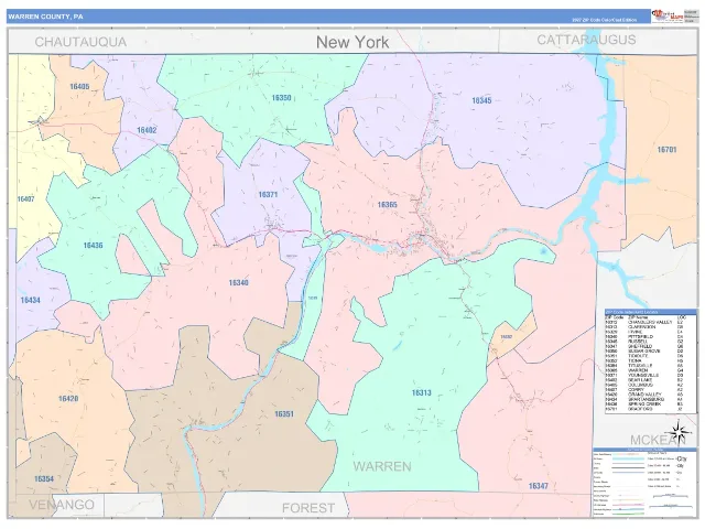Warren County, PA ZIP Code Wall Map, ColorCast style