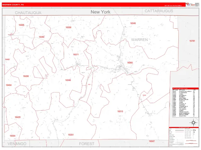 Warren County, PA ZIP Code Wall Map, RedLine style