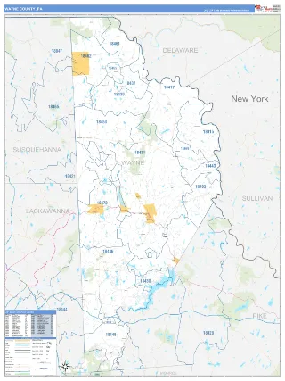 Wayne County, PA Business Reference style ZIP Code wall map