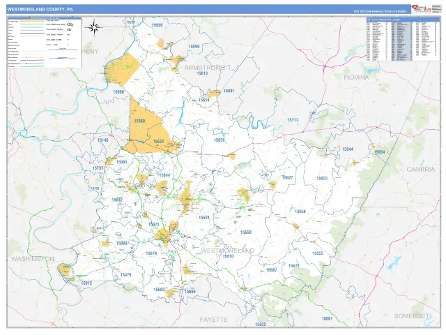 Westmoreland County, PA ZIP Code Wall Map, Business Reference style