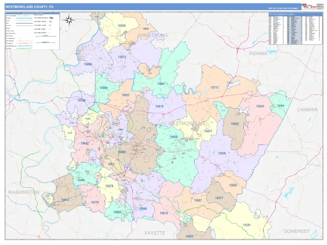 Westmoreland County, PA ZIP Code Wall Map, ColorCast style