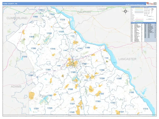 York County, PA ZIP Code Wall Map, Business Reference style