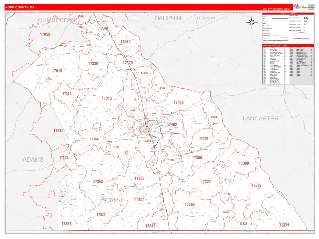 York County, PA ZIP Code Wall Map, RedLine style