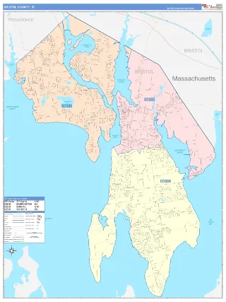 Bristol County, RI ColorCast style ZIP Code wall map