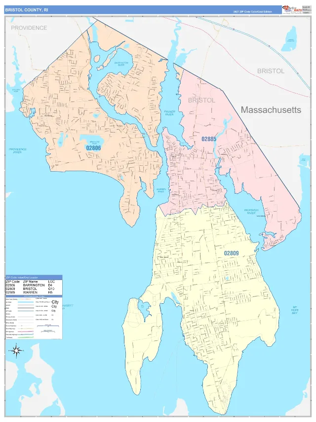 Bristol County, RI ZIP Code Wall Map, ColorCast style