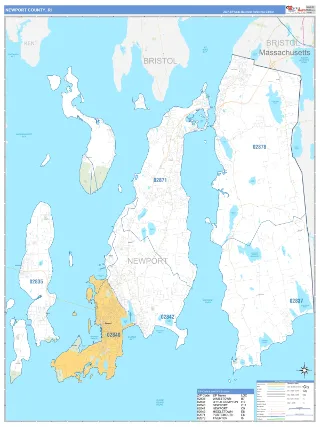 Newport County, RI Business Reference style ZIP Code wall map