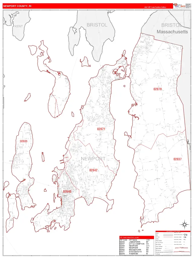 Newport County, RI ZIP Code Wall Map, RedLine style