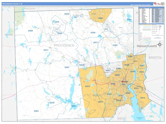 Providence County, RI ZIP Code Wall Map, Business Reference style