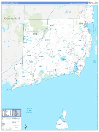 Washington County, RI Business Reference style ZIP Code wall map
