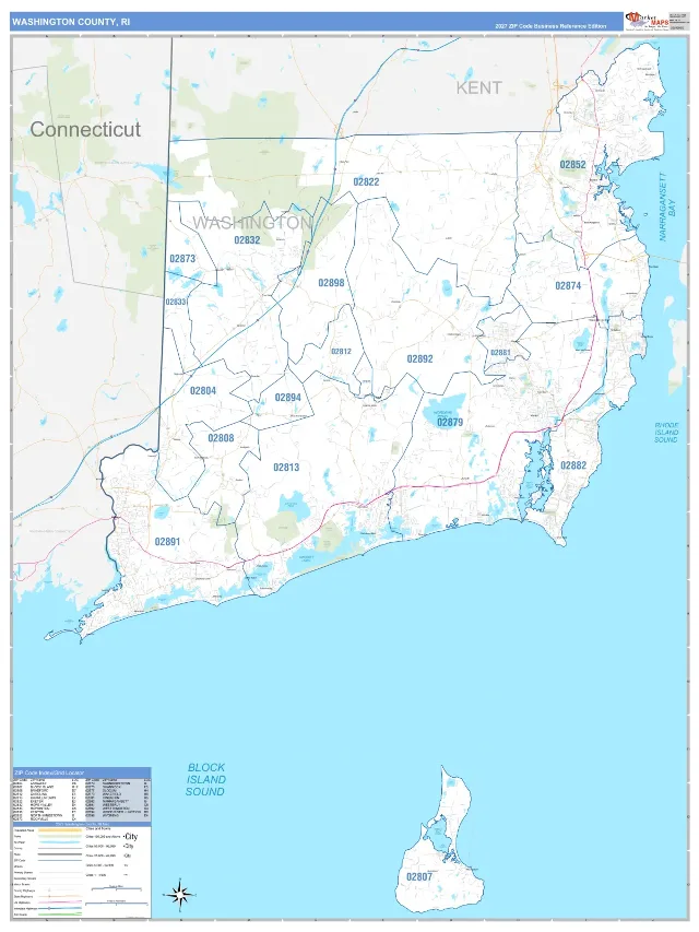 Washington County, RI ZIP Code Wall Map, Business Reference style