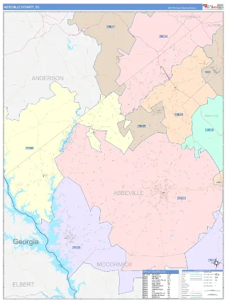 Abbeville County, SC ColorCast style ZIP Code wall map