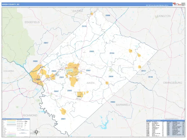 Aiken County, SC ZIP Code Wall Map, Business Reference style