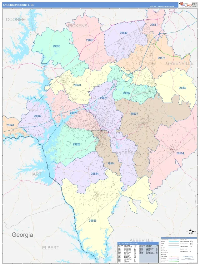 Anderson County, SC ZIP Code Wall Map, ColorCast style