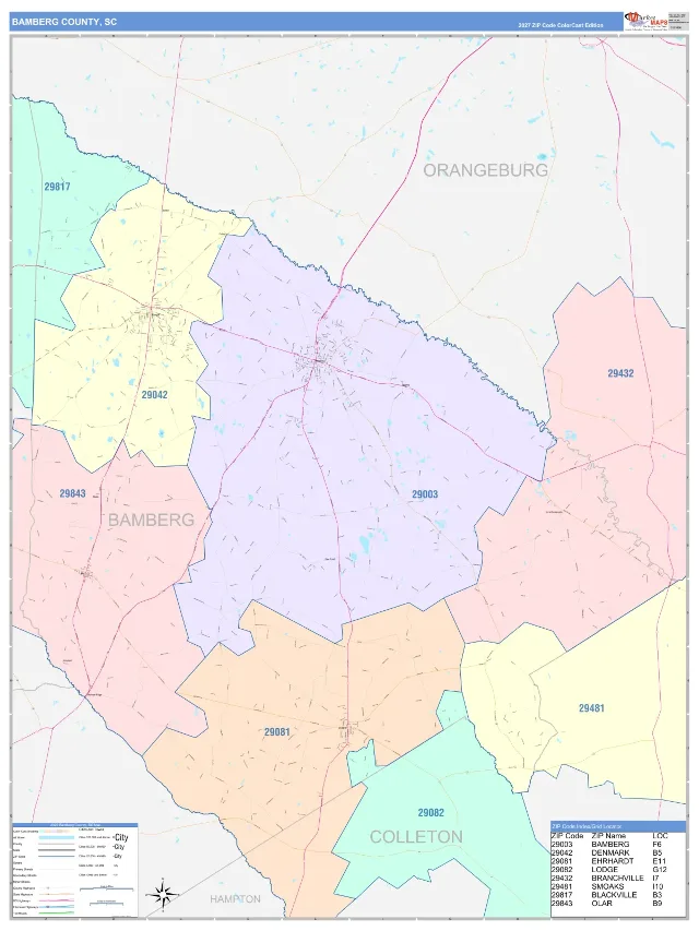 Bamberg County, SC ZIP Code Wall Map, ColorCast style