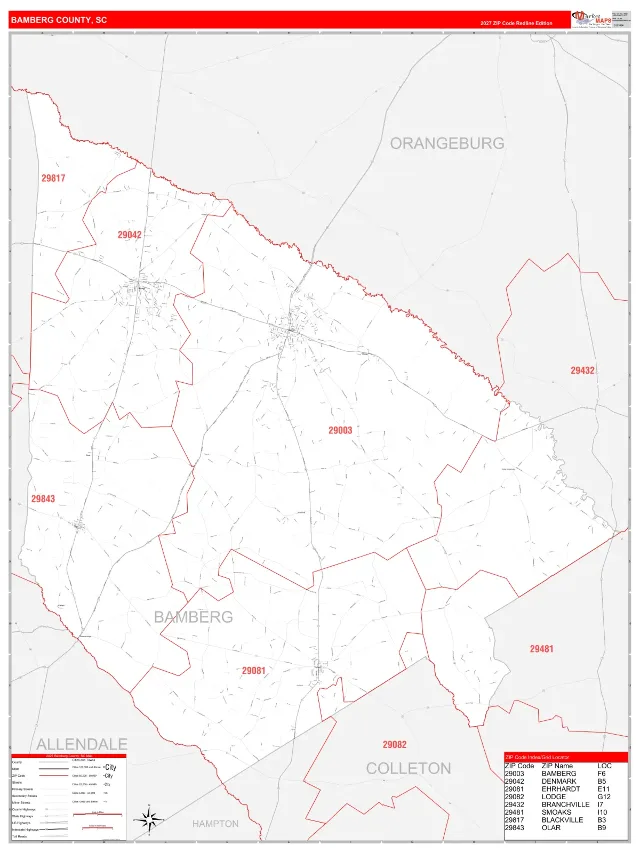 Bamberg County, SC ZIP Code Wall Map, RedLine style