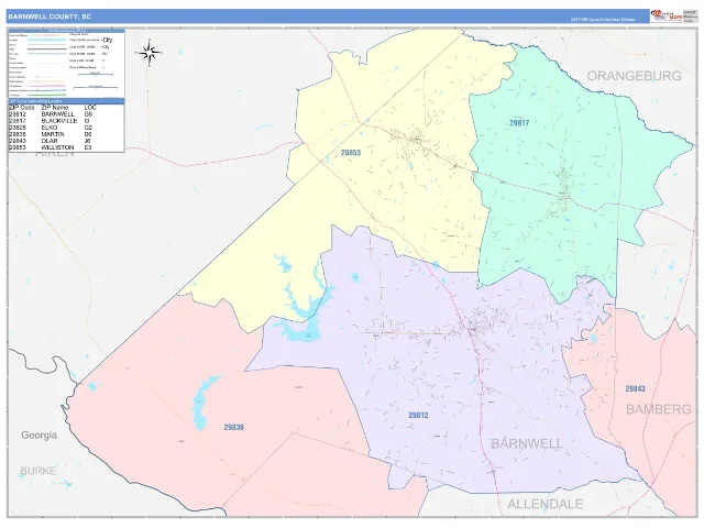 Barnwell County, SC ZIP Code Wall Map, ColorCast style