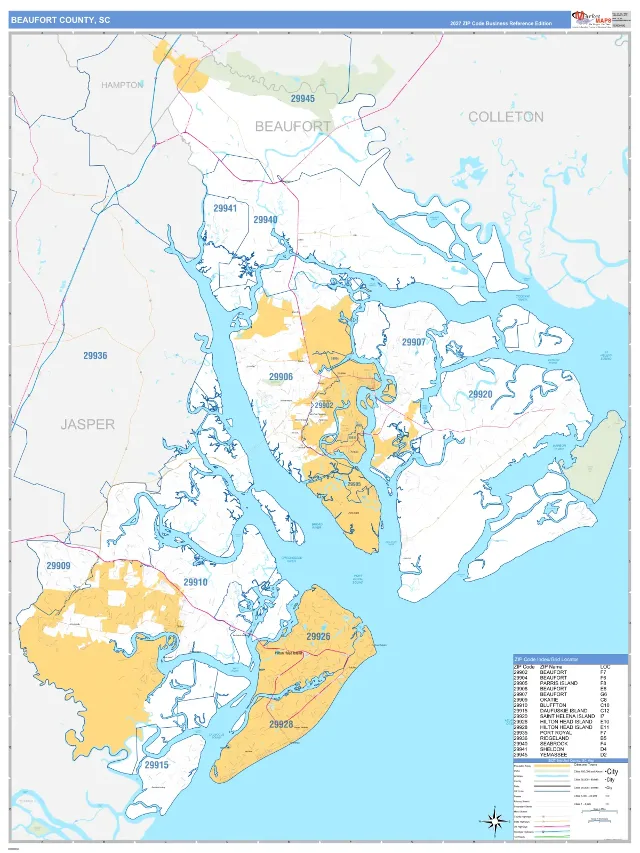 Beaufort County, SC ZIP Code Wall Map, Business Reference style