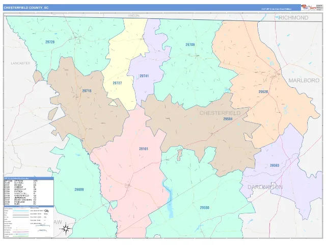 Chesterfield County, SC ZIP Code Wall Map, ColorCast style