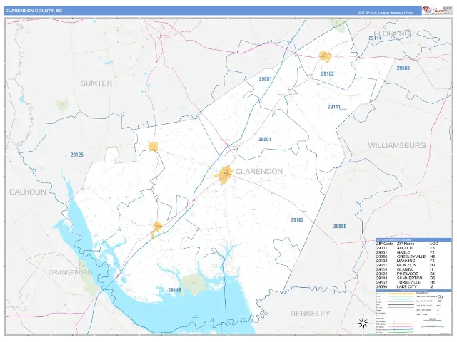 Clarendon County, SC ZIP Code Wall Map, Business Reference style