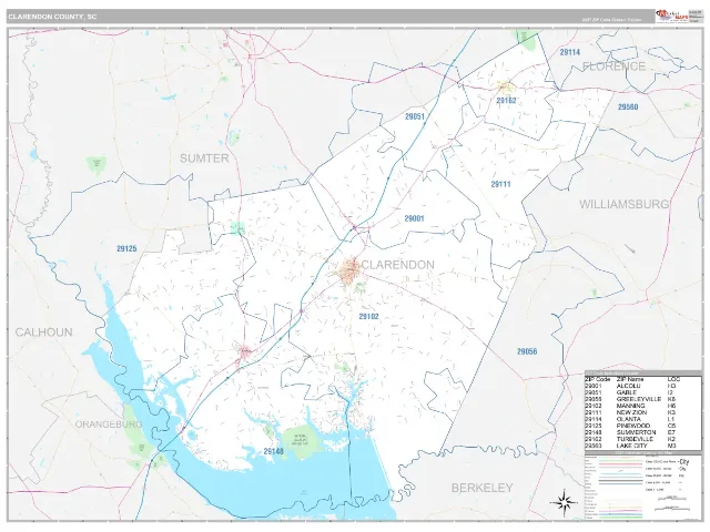Clarendon County, SC ZIP Code Wall Map, Classic style