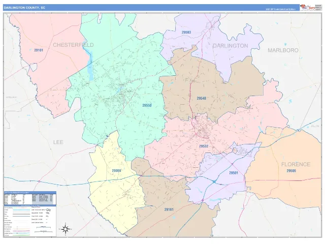 Darlington County, SC ZIP Code Wall Map, ColorCast style