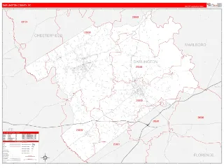 Darlington County, SC RedLine style ZIP Code wall map