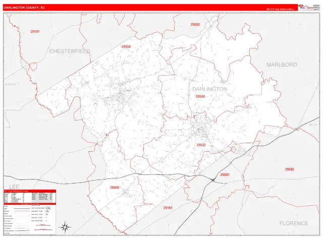 Darlington County, SC ZIP Code Wall Map, RedLine style