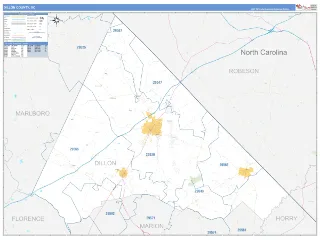 Dillon County, SC Business Reference style ZIP Code wall map