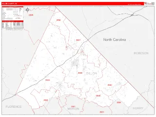 Dillon County, SC RedLine style ZIP Code wall map