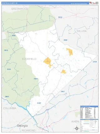 Edgefield County, SC Business Reference style ZIP Code wall map