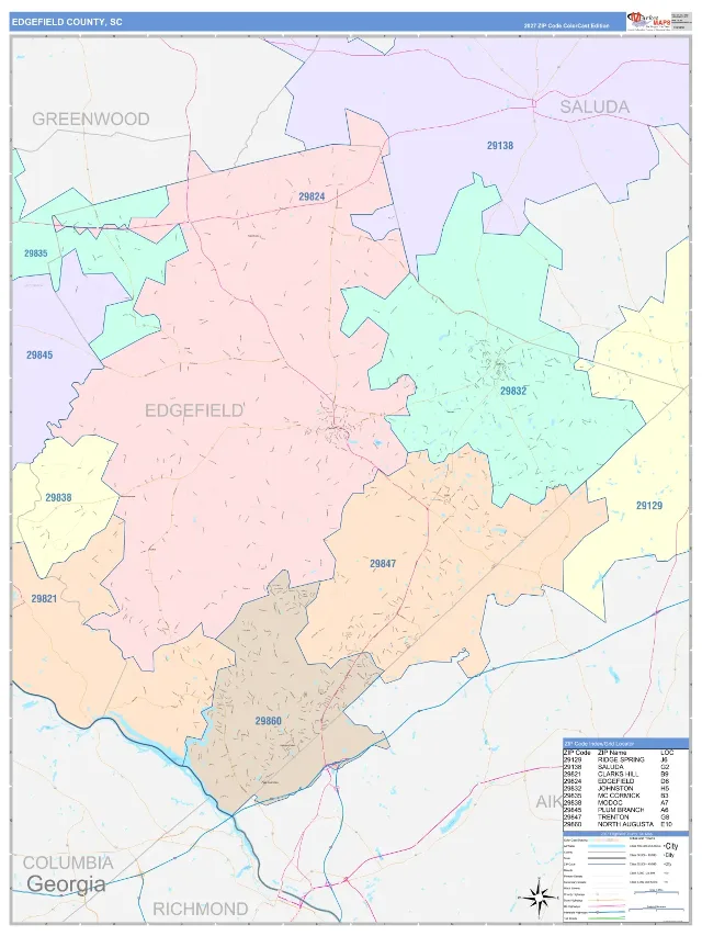 Edgefield County, SC ZIP Code Wall Map, ColorCast style