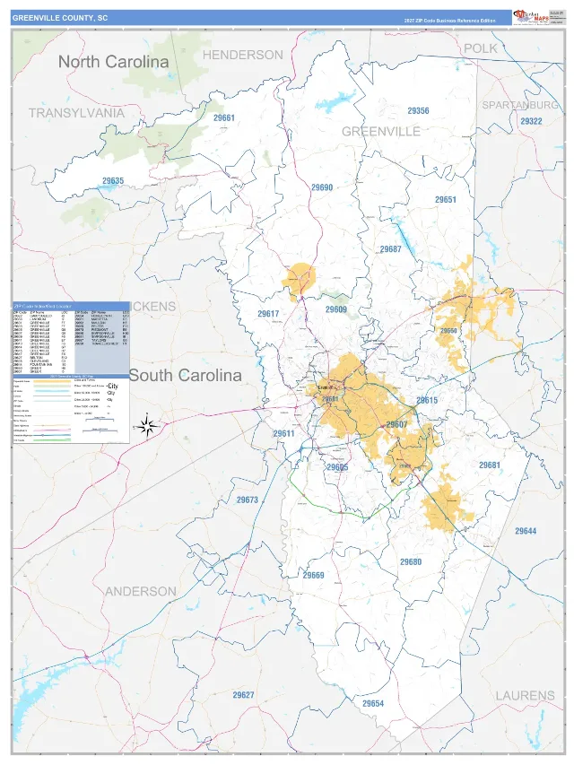 Greenville County, SC ZIP Code Wall Map, Business Reference style