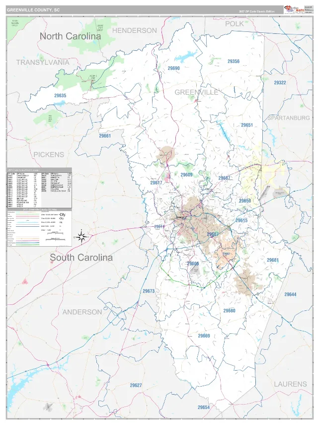 Greenville County, SC ZIP Code Wall Map, Classic style