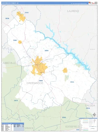 Greenwood County, SC Business Reference style ZIP Code wall map