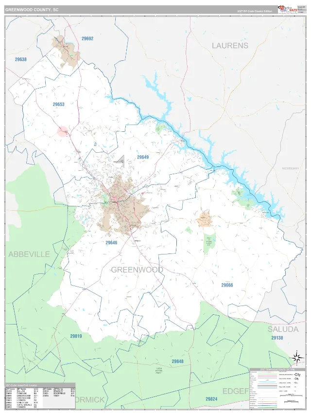 Greenwood County, SC ZIP Code Wall Map, Classic style