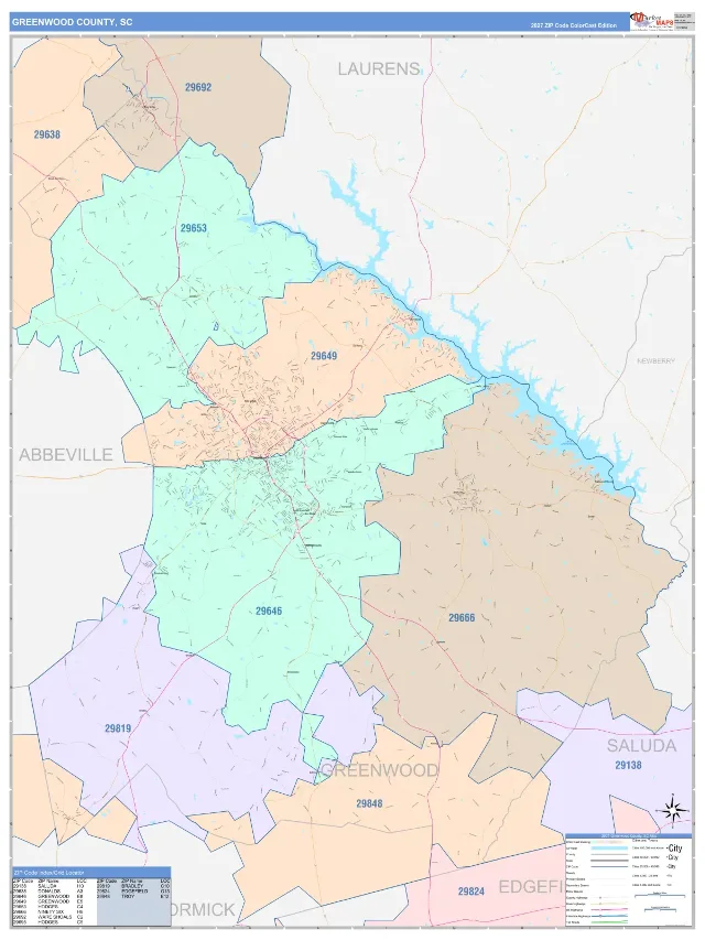 Greenwood County, SC ZIP Code Wall Map, ColorCast style