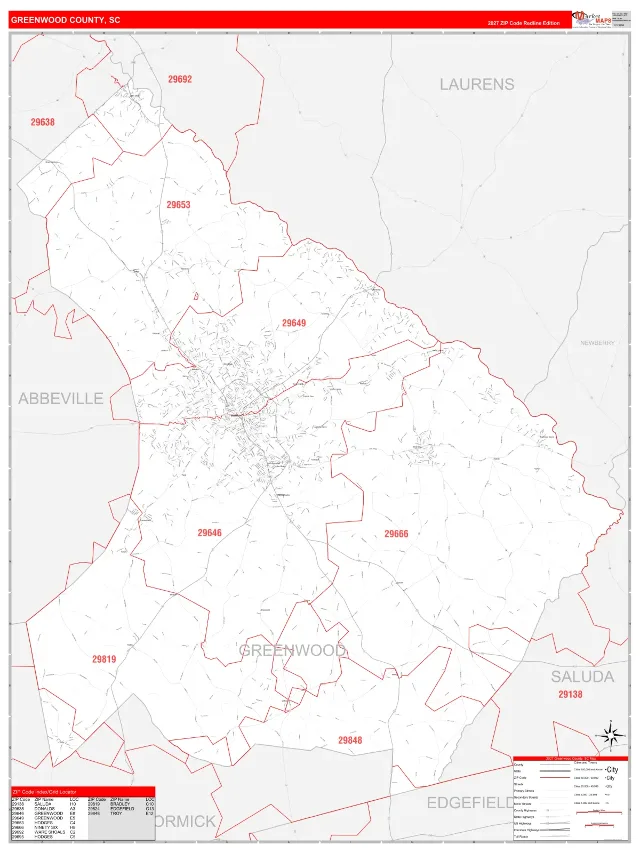 Greenwood County, SC ZIP Code Wall Map, RedLine style