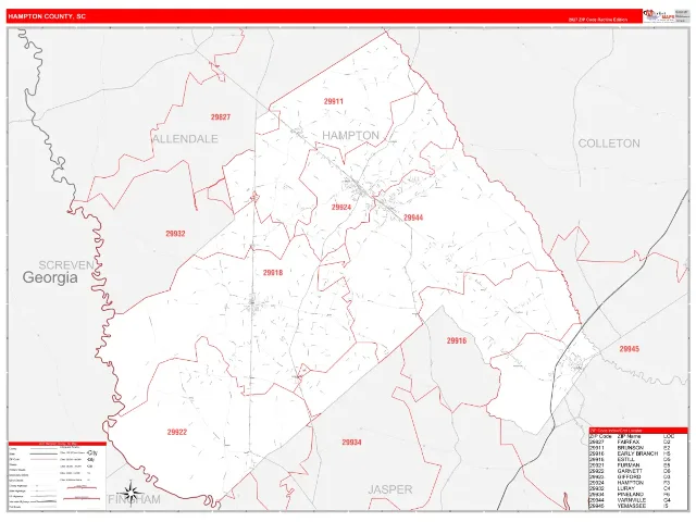 Hampton County, SC ZIP Code Wall Map, RedLine style